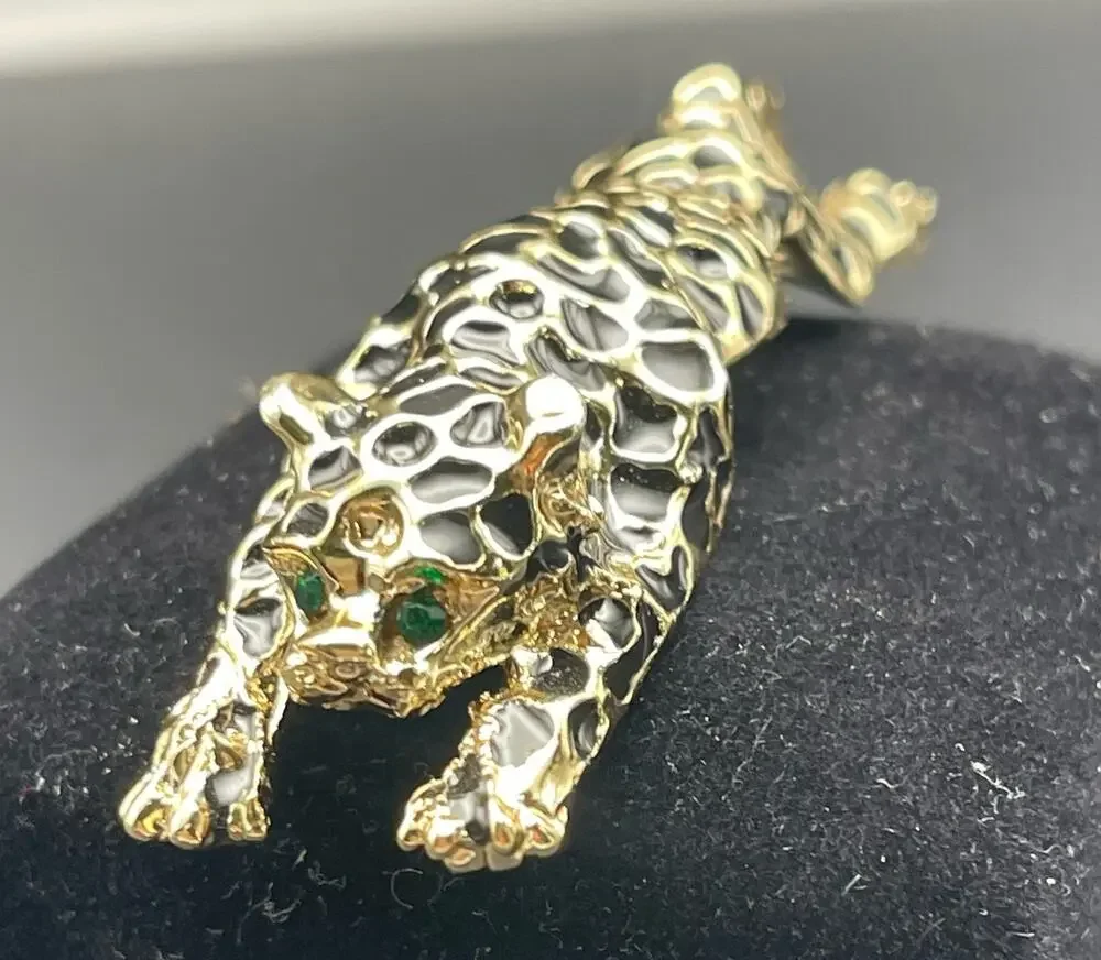 Gold Tone Black Enamel Leopard Pin Leaping Cat Figural 3